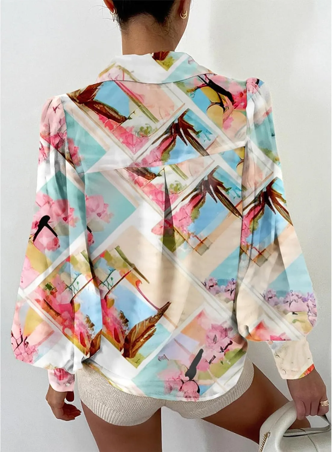 BTFBM Women Fashion Button Down Shirts V Neck Printed Solid Boho Long Sleeve Blouses Dressy Casual Summer Spring Tops