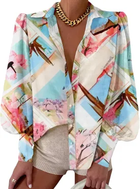 BTFBM Women Fashion Button Down Shirts V Neck Printed Solid Boho Long Sleeve Blouses Dressy Casual Summer Spring Tops