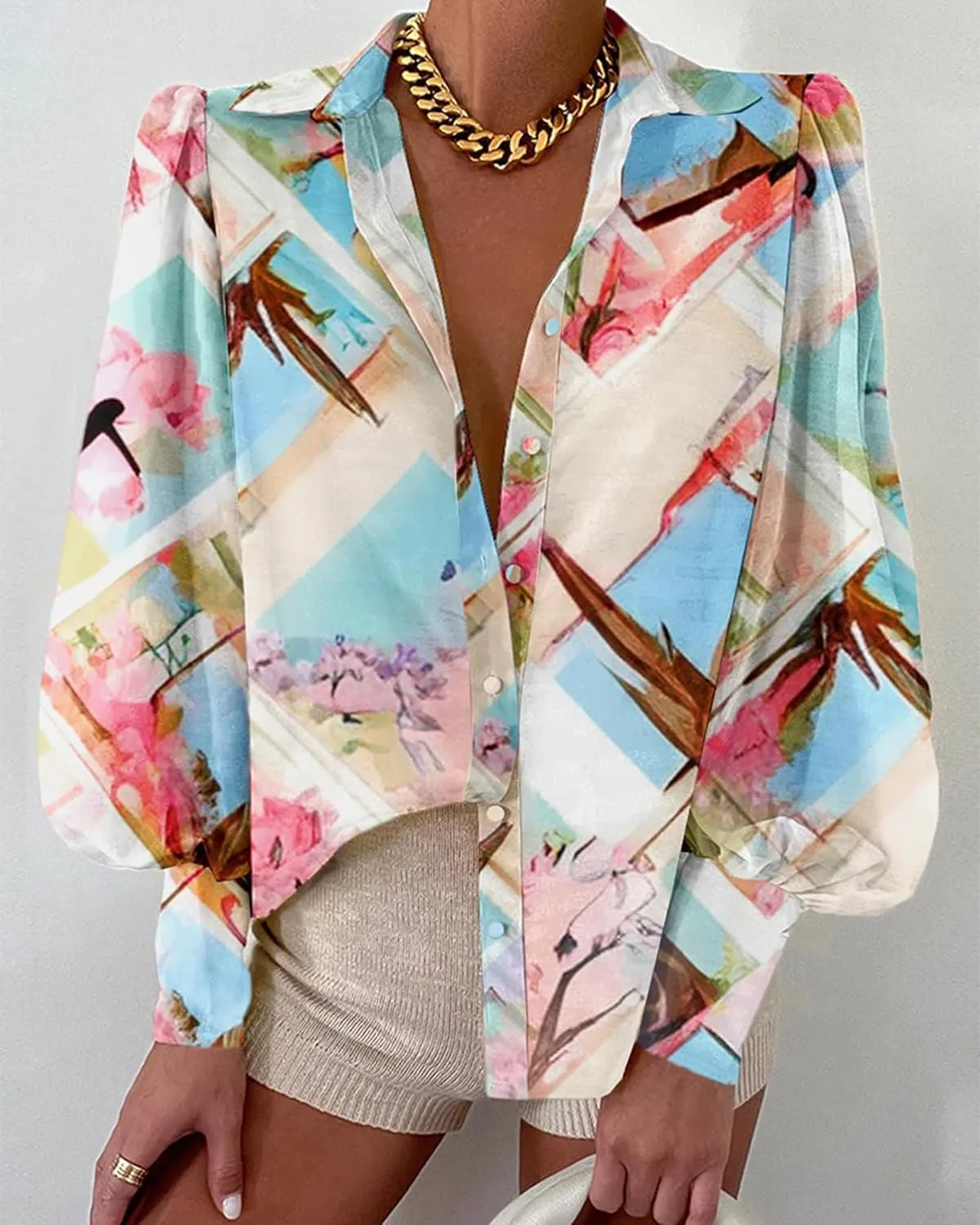 BTFBM Women Fashion Button Down Shirts V Neck Printed Solid Boho Long Sleeve Blouses Dressy Casual Summer Spring Tops
