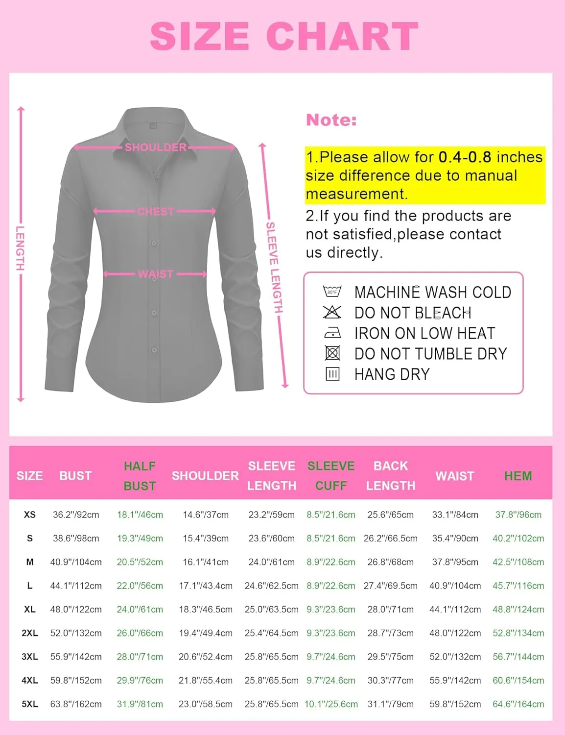 Button Down Shirts for Women Long Sleeve Dress Shirts Slim Fit Wrinkle Free Collared Blouse Work Office Blouse Tops