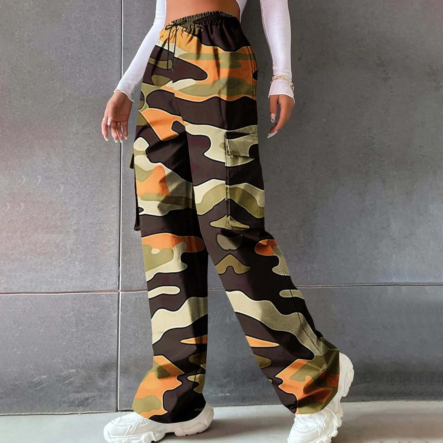 Camo Cargo Pants for Women Casual Drawstring High Waist Parachute Pants Baggy Wide Leg Hiking Pants with Pockets