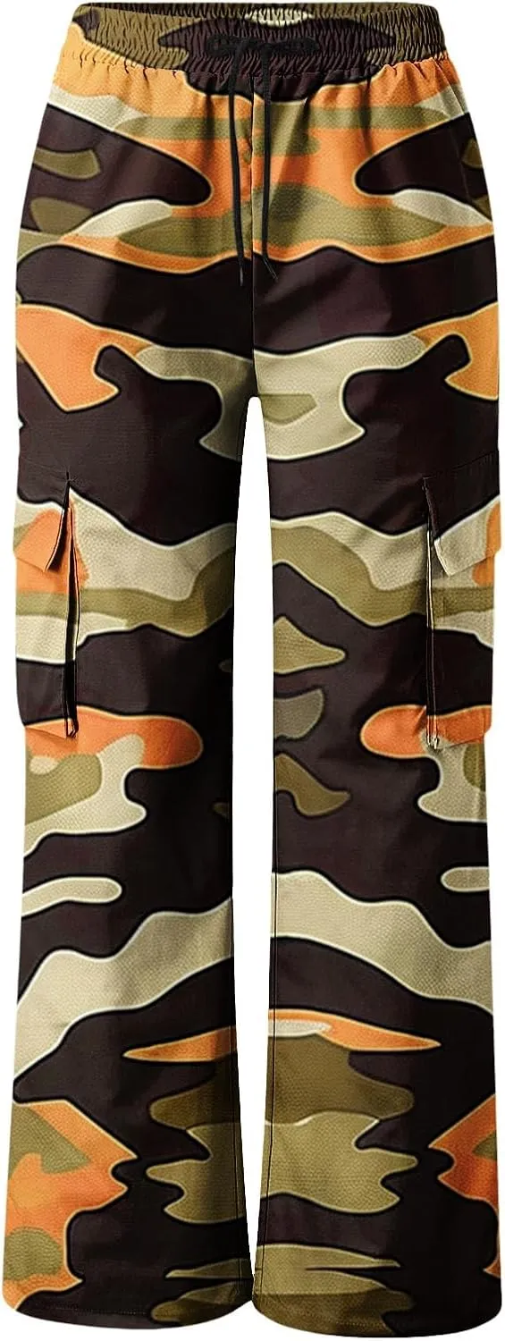 Camo Cargo Pants for Women Casual Drawstring High Waist Parachute Pants Baggy Wide Leg Hiking Pants with Pockets