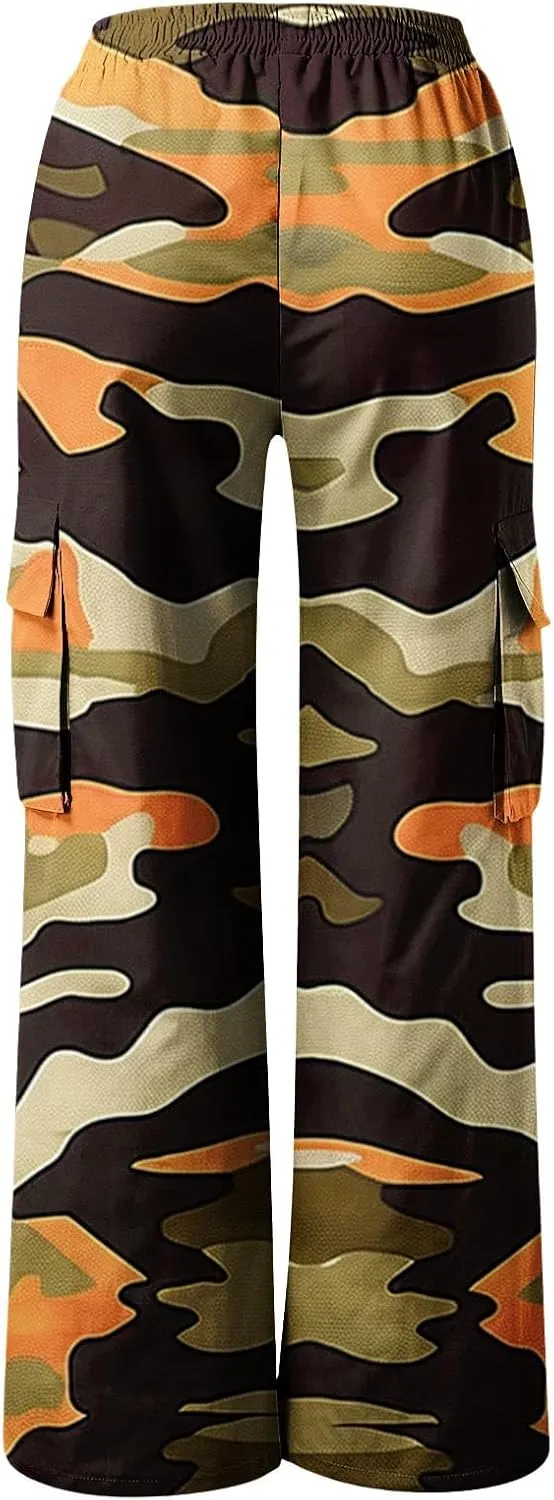 Camo Cargo Pants for Women Casual Drawstring High Waist Parachute Pants Baggy Wide Leg Hiking Pants with Pockets