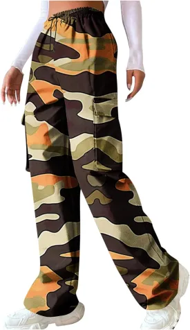 Camo Cargo Pants for Women Casual Drawstring High Waist Parachute Pants Baggy Wide Leg Hiking Pants with Pockets