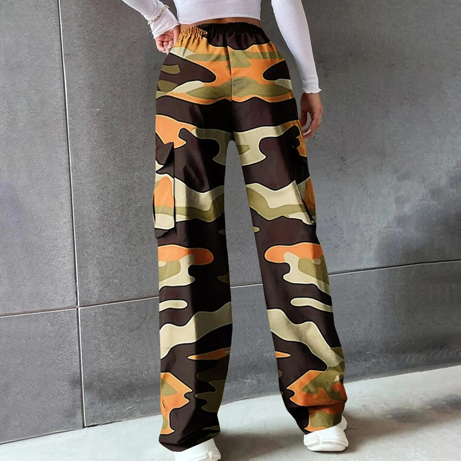 Camo Cargo Pants for Women Casual Drawstring High Waist Parachute Pants Baggy Wide Leg Hiking Pants with Pockets