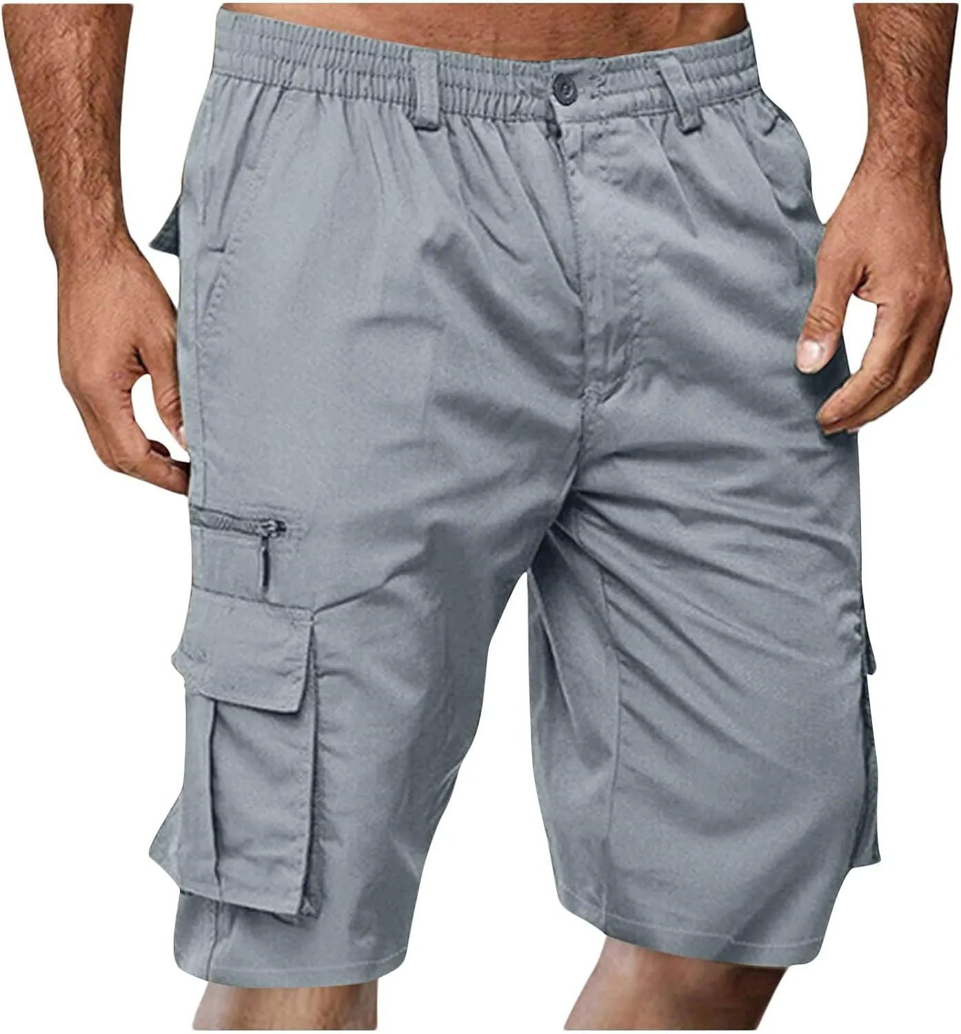 Cargo Shorts for Men Casual Summer Hiking Pants Elastic Waist Big and Tall Knee Length Multi-Pockets Bermuda Shorts
