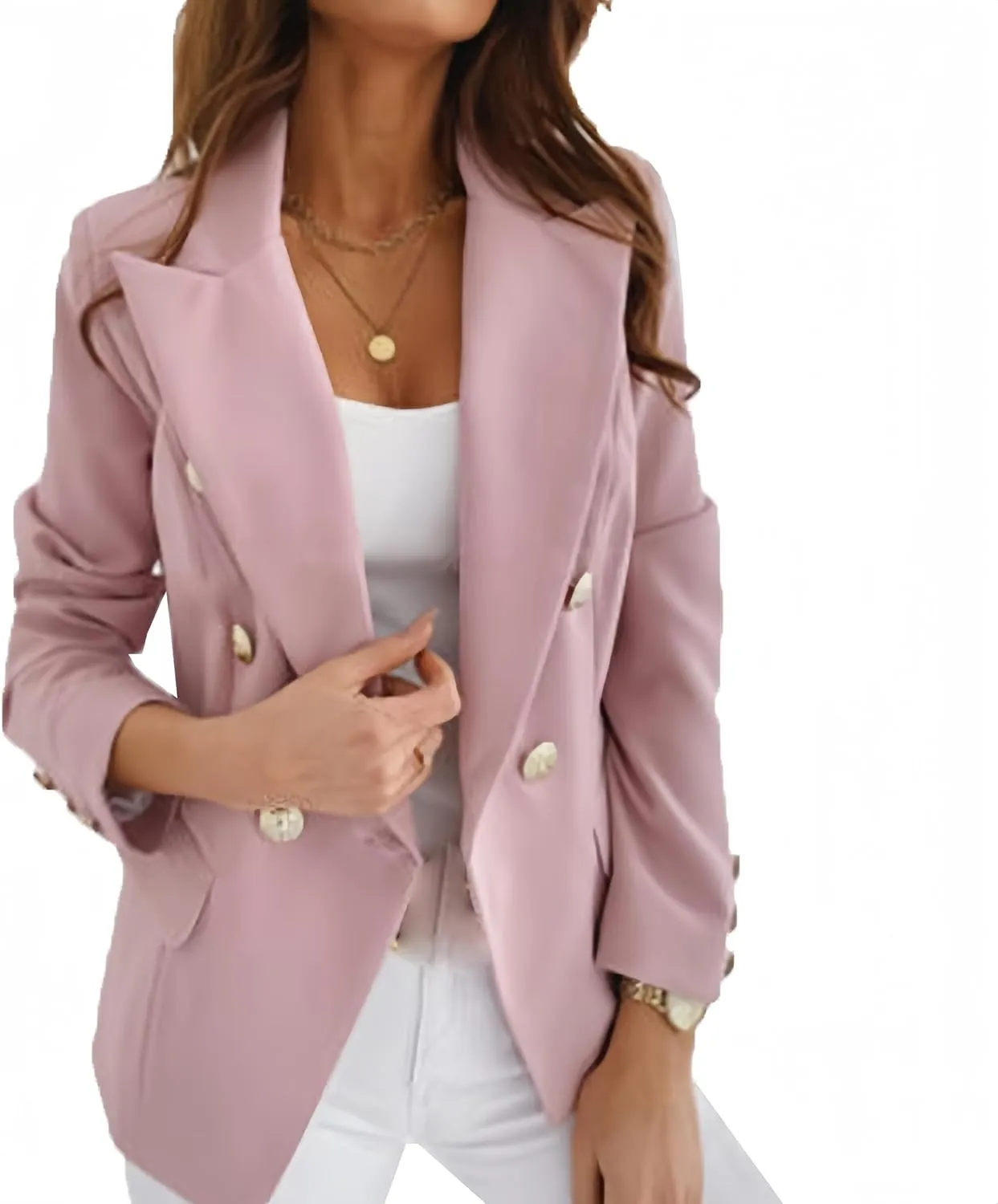 Casual Blazer for Women Trendy Long Sleeve Gold Button Work 0ffice Blazer Lapel Open Front Suit Jacket with Pockets
