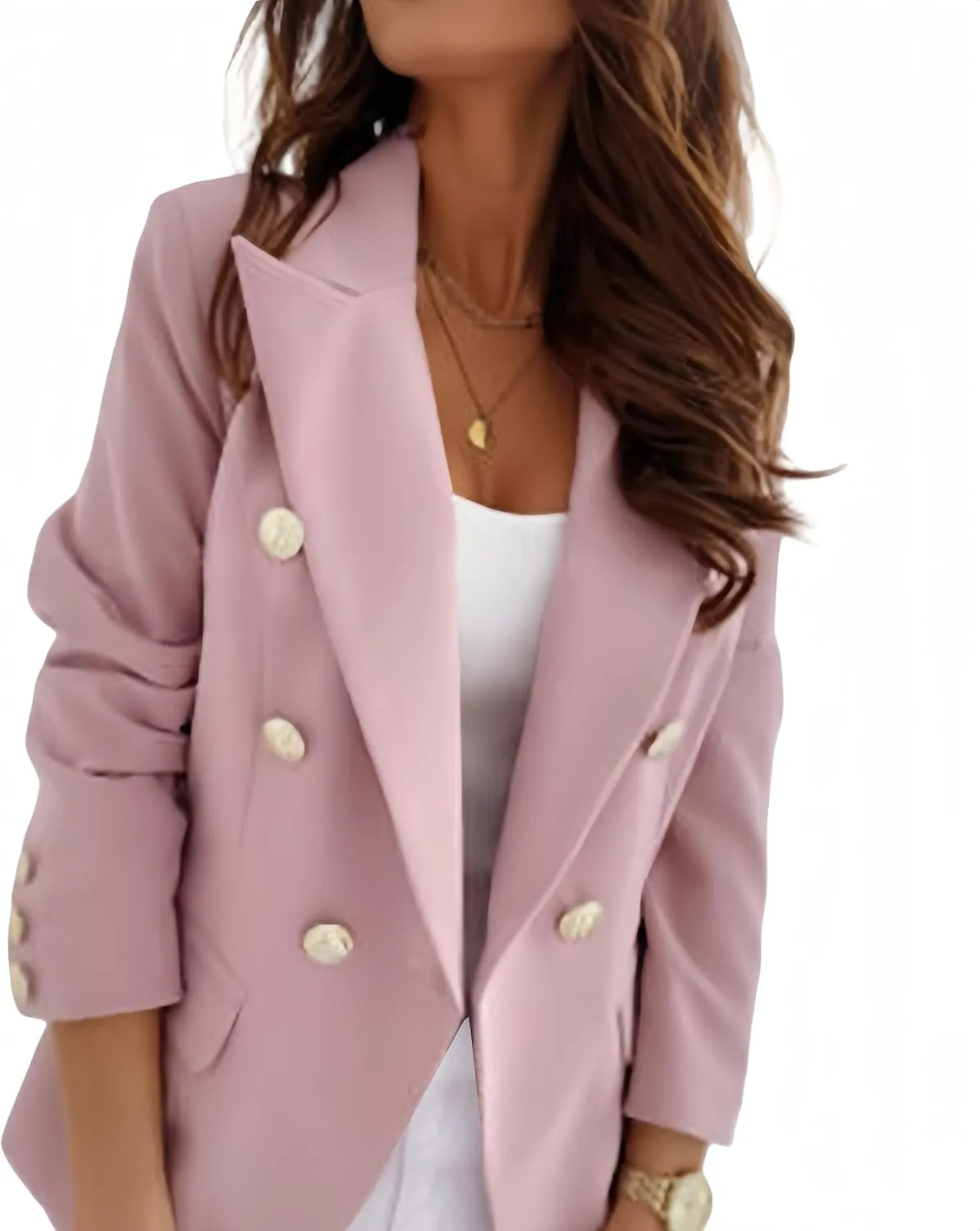 Casual Blazer for Women Trendy Long Sleeve Gold Button Work 0ffice Blazer Lapel Open Front Suit Jacket with Pockets