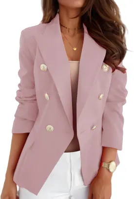 Casual Blazer for Women Trendy Long Sleeve Gold Button Work 0ffice Blazer Lapel Open Front Suit Jacket with Pockets