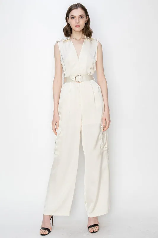Champagne Satin V-Neck Side Pockets Cargo Pants Jumpsuit