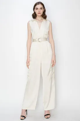 Champagne Satin V-Neck Side Pockets Cargo Pants Jumpsuit