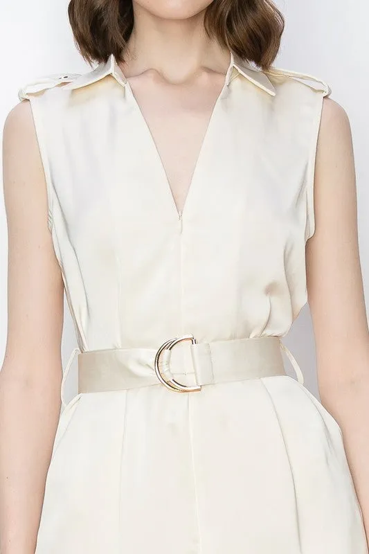 Champagne Satin V-Neck Side Pockets Cargo Pants Jumpsuit