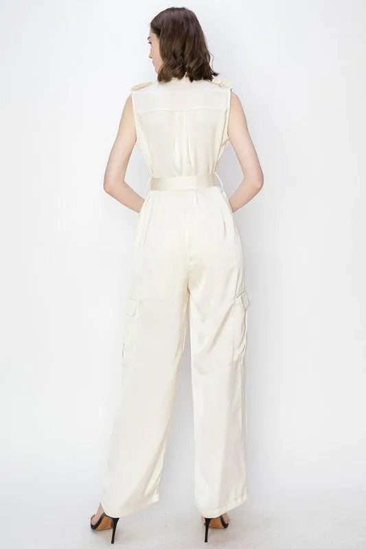 Champagne Satin V-Neck Side Pockets Cargo Pants Jumpsuit