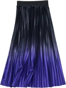 CHARTOU Women Cute Satin Metallic Gradient Pleated Midi Skirt Flowy Accordion A Line Long Skirt
