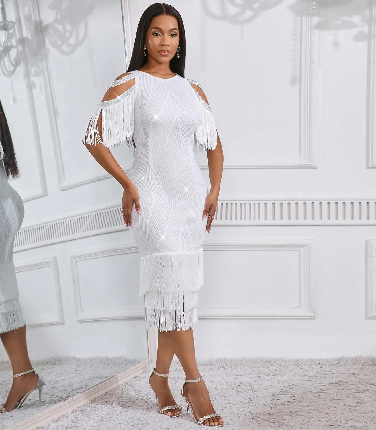 Cololura Sexy Elegant Women Sequin Short Sleeve Tassel Bodycon Midi Dress Party Evening Gown Formal Dress