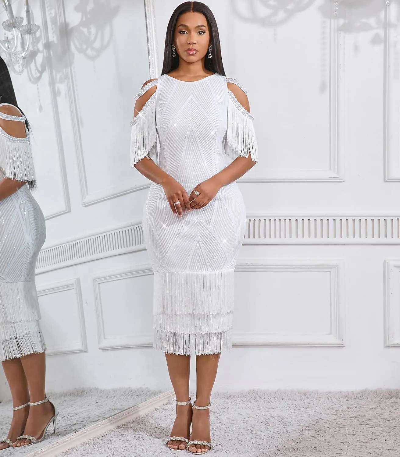 Cololura Sexy Elegant Women Sequin Short Sleeve Tassel Bodycon Midi Dress Party Evening Gown Formal Dress