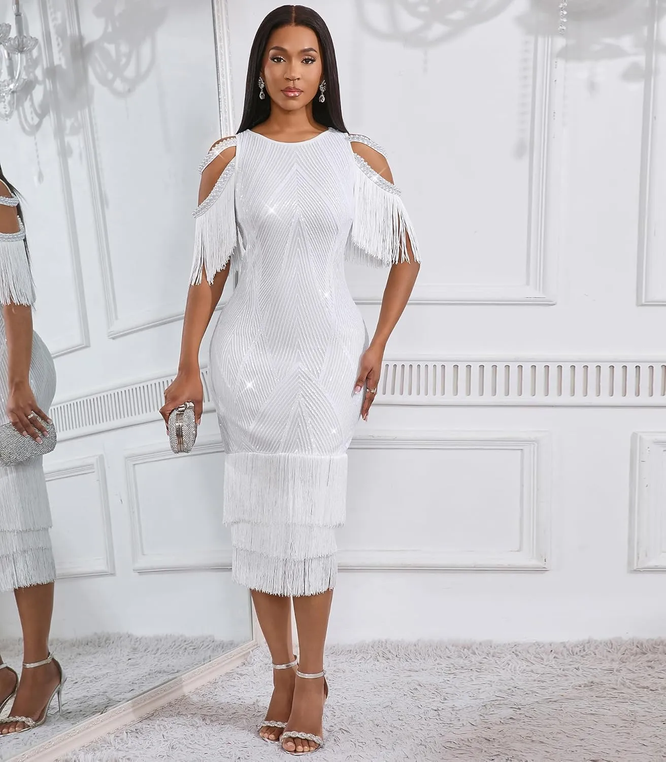Cololura Sexy Elegant Women Sequin Short Sleeve Tassel Bodycon Midi Dress Party Evening Gown Formal Dress