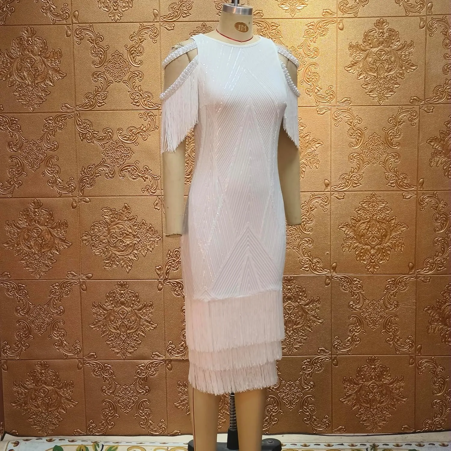 Cololura Sexy Elegant Women Sequin Short Sleeve Tassel Bodycon Midi Dress Party Evening Gown Formal Dress