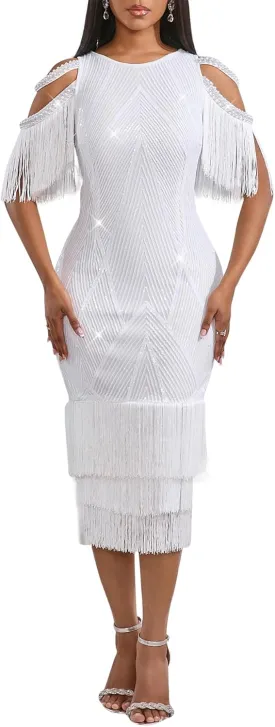 Cololura Sexy Elegant Women Sequin Short Sleeve Tassel Bodycon Midi Dress Party Evening Gown Formal Dress