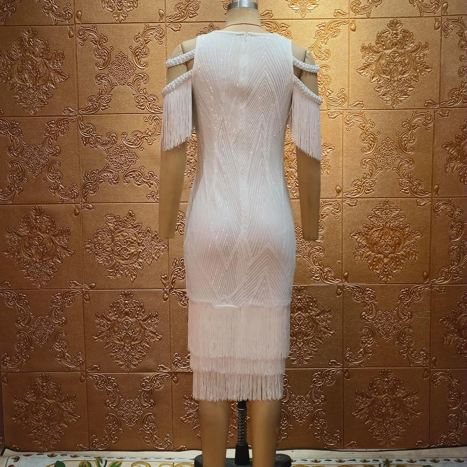 Cololura Sexy Elegant Women Sequin Short Sleeve Tassel Bodycon Midi Dress Party Evening Gown Formal Dress