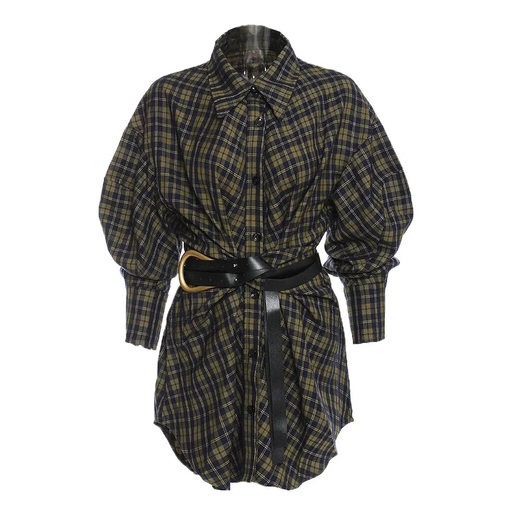 Colorblock Plaid Patchwork Belt Casual Blouses For Women Lapel Long Sleeve Temperament Blouse Female Fashion