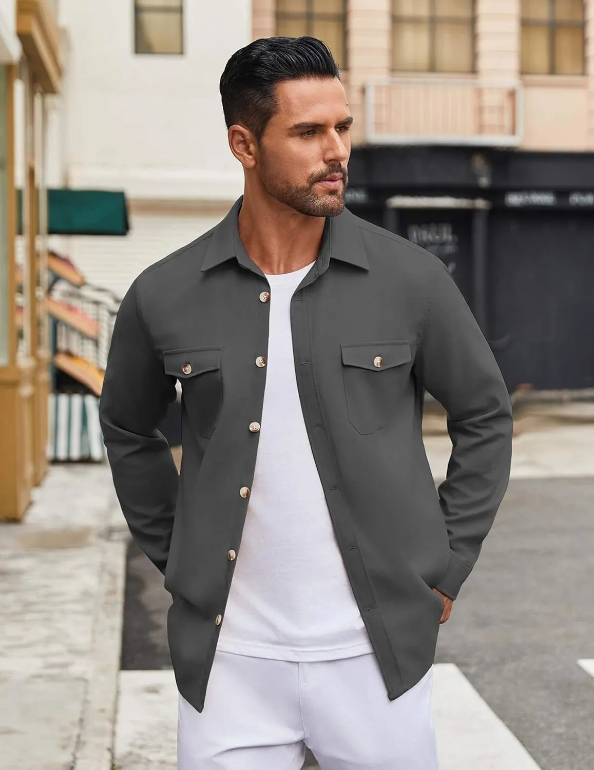 COOFANDY Men's Casual Shirt Jacket Linen Button Down Shirt Long Sleeve Lightweight Shacket with Pockets