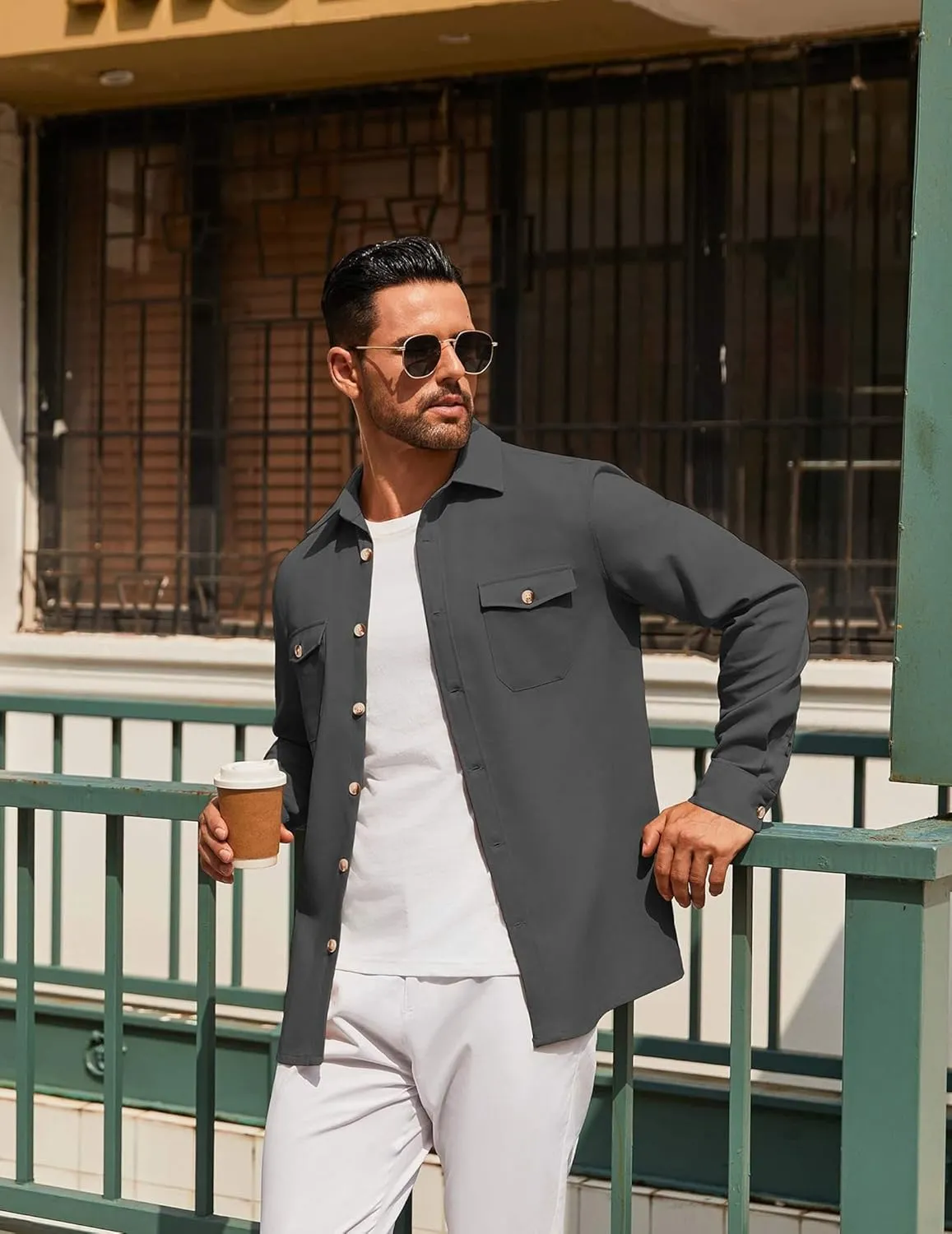 COOFANDY Men's Casual Shirt Jacket Linen Button Down Shirt Long Sleeve Lightweight Shacket with Pockets