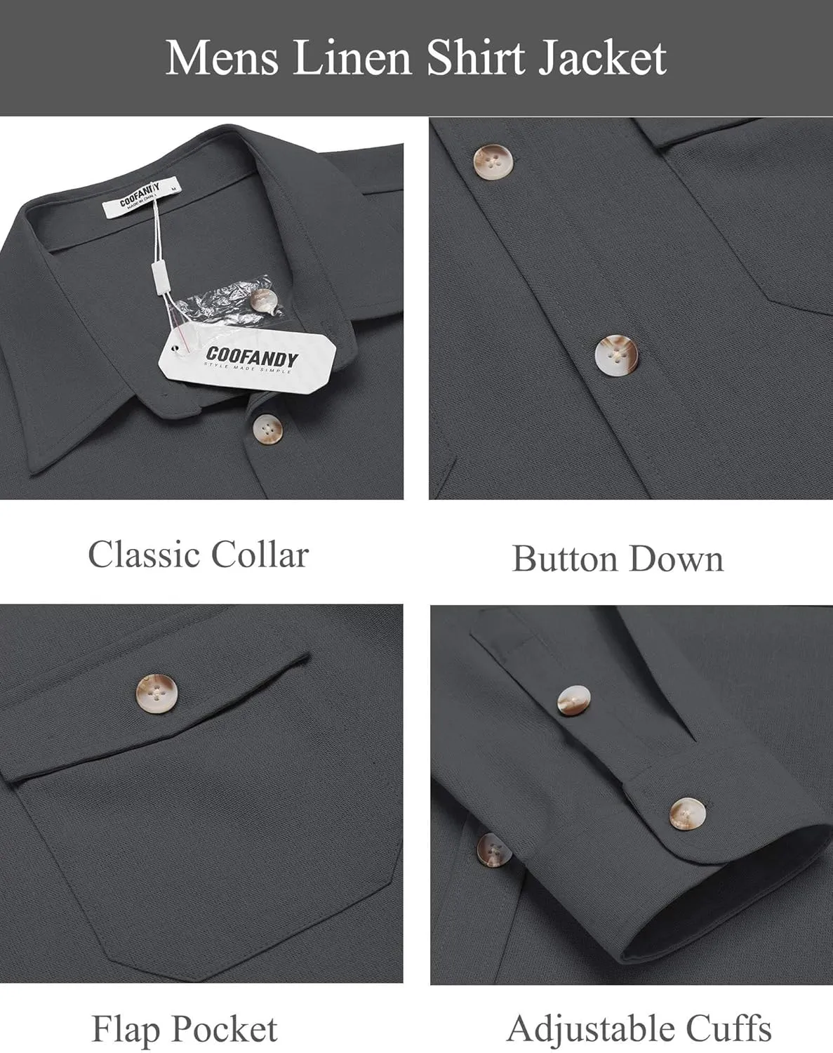COOFANDY Men's Casual Shirt Jacket Linen Button Down Shirt Long Sleeve Lightweight Shacket with Pockets