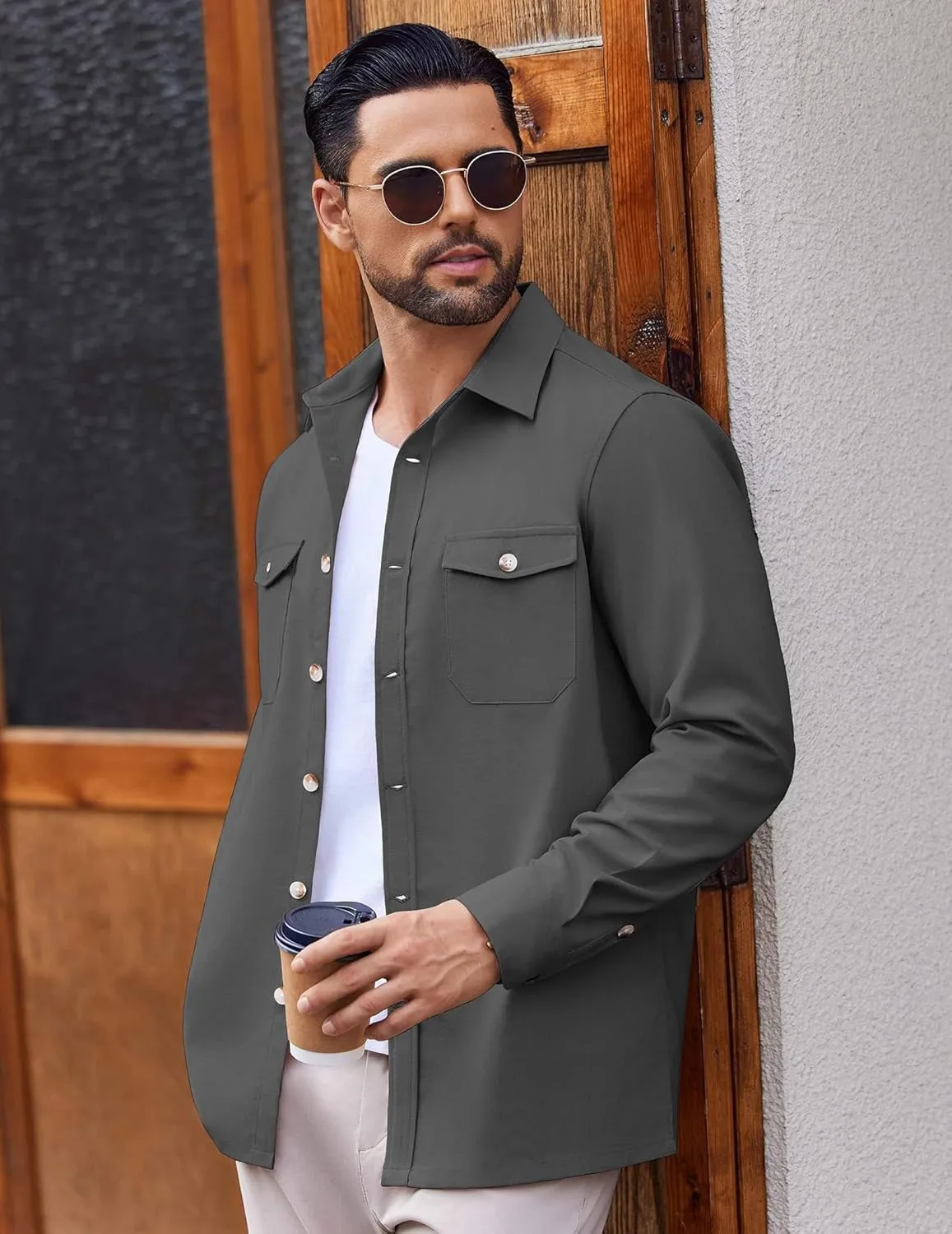 COOFANDY Men's Casual Shirt Jacket Linen Button Down Shirt Long Sleeve Lightweight Shacket with Pockets