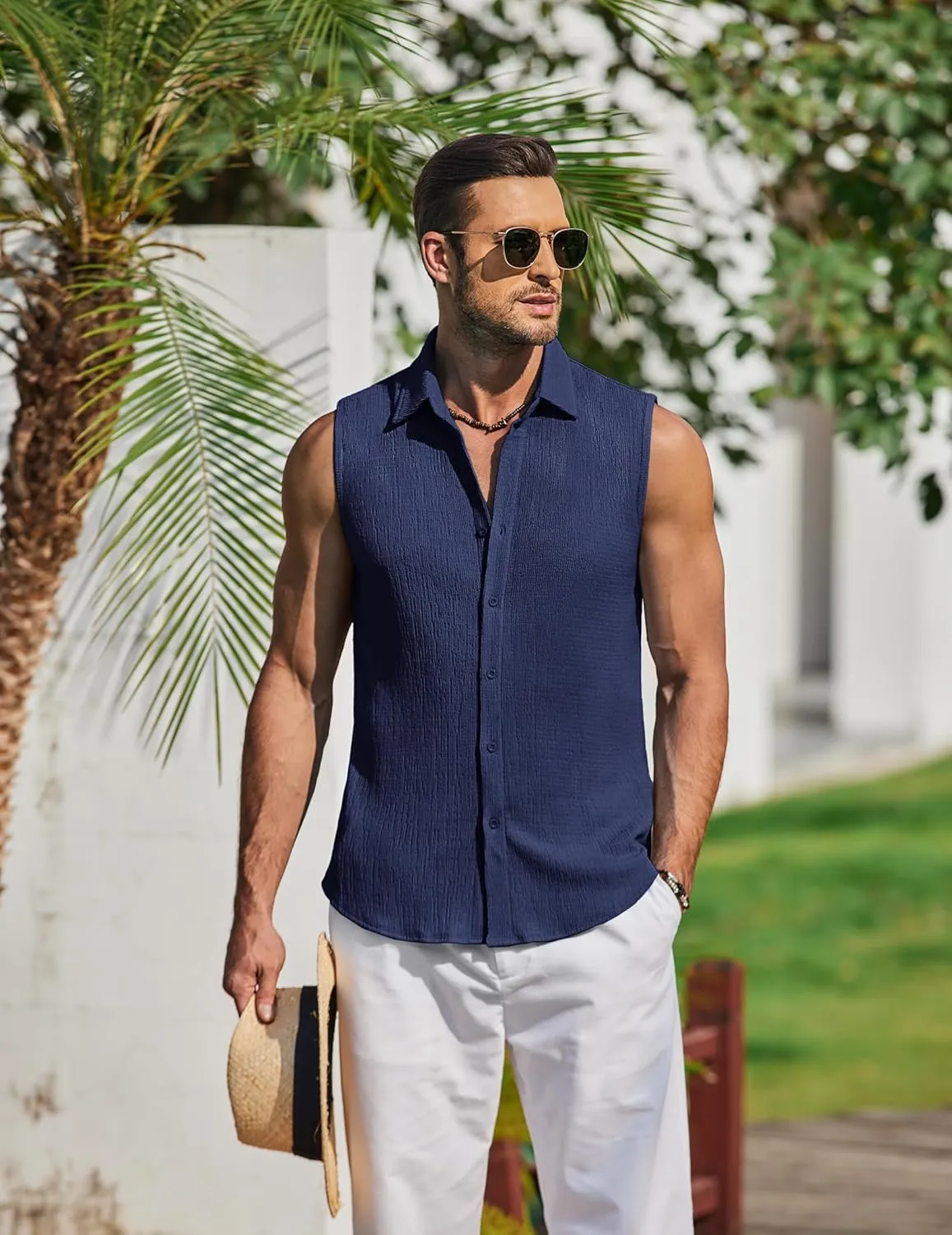COOFANDY Men's Summer Sleeveless Shirts Beach Knit Tank Top Button Up Casual Tank Shirt Vacation Tops