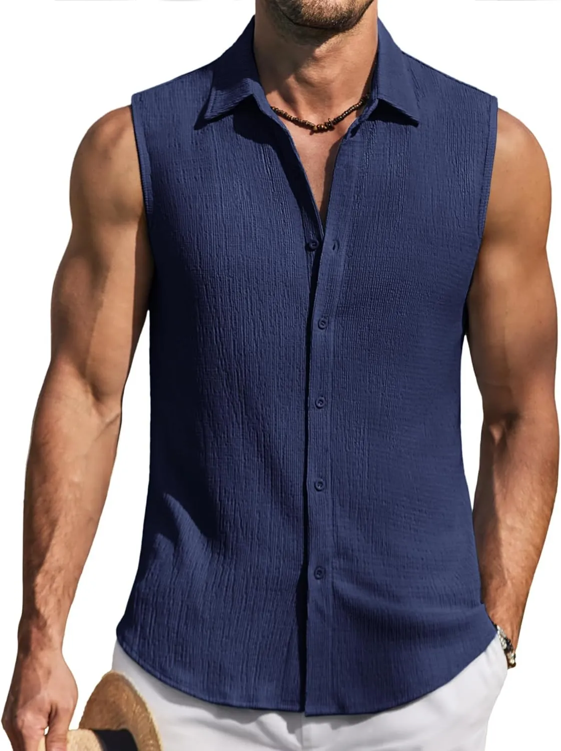 COOFANDY Men's Summer Sleeveless Shirts Beach Knit Tank Top Button Up Casual Tank Shirt Vacation Tops