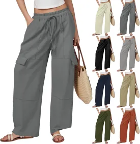 Cotton Linen Pants Women Elastic High Waisted Drawstring Cargo Pants Baggy Wide Leg Pant Casual Beach Pant