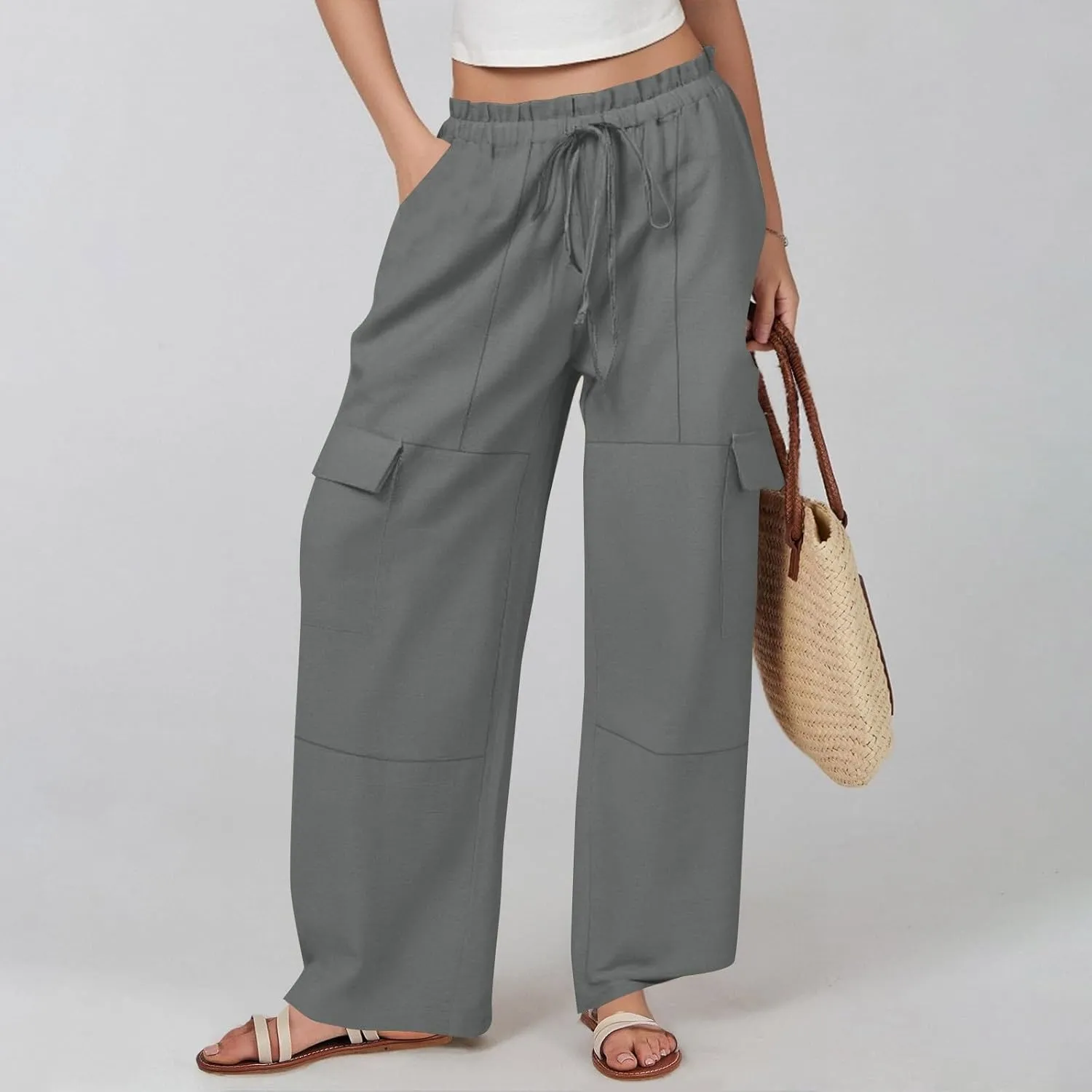 Cotton Linen Pants Women Elastic High Waisted Drawstring Cargo Pants Baggy Wide Leg Pant Casual Beach Pant