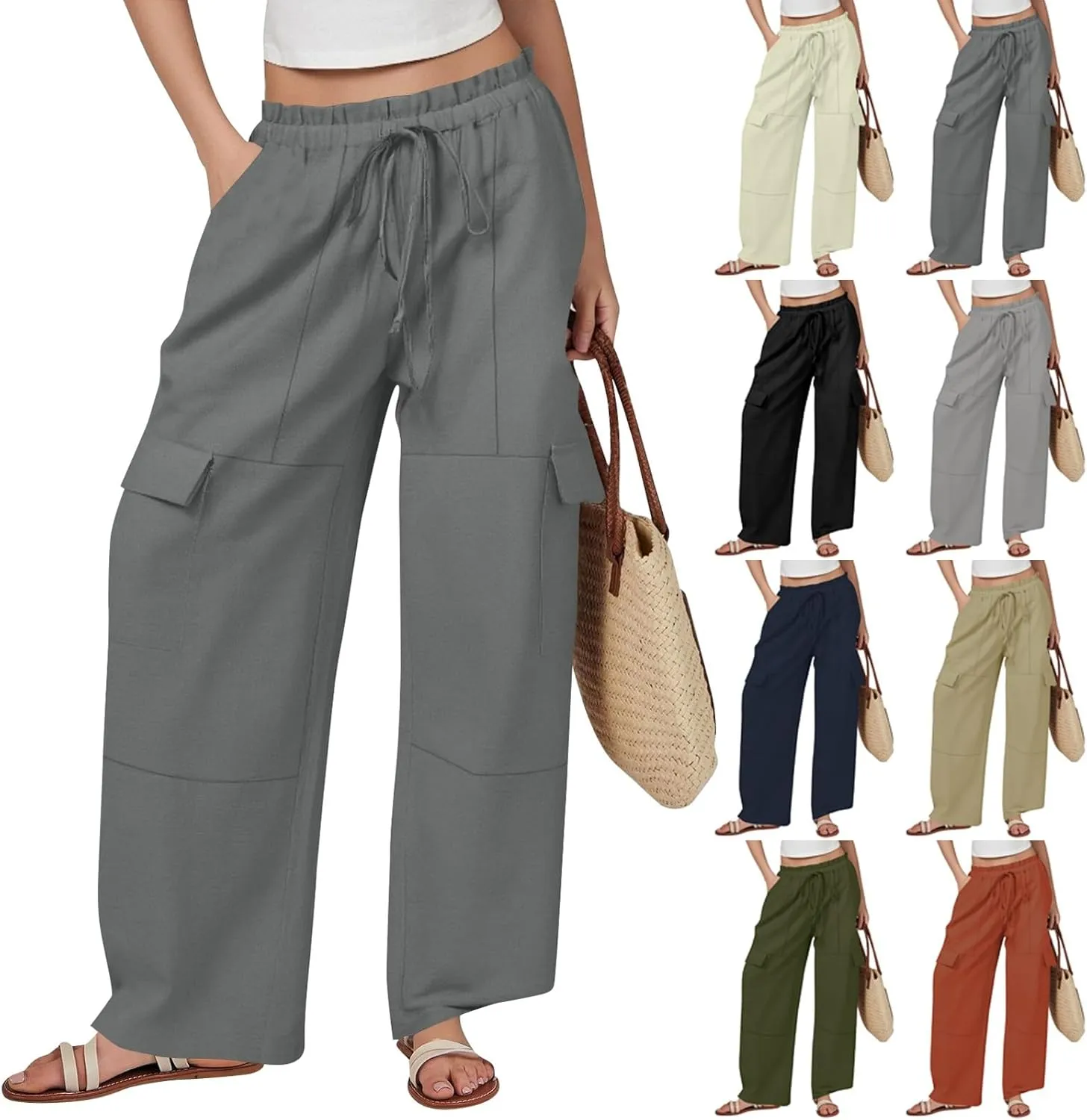 Cotton Linen Pants Women Elastic High Waisted Drawstring Cargo Pants Baggy Wide Leg Pant Casual Beach Pant