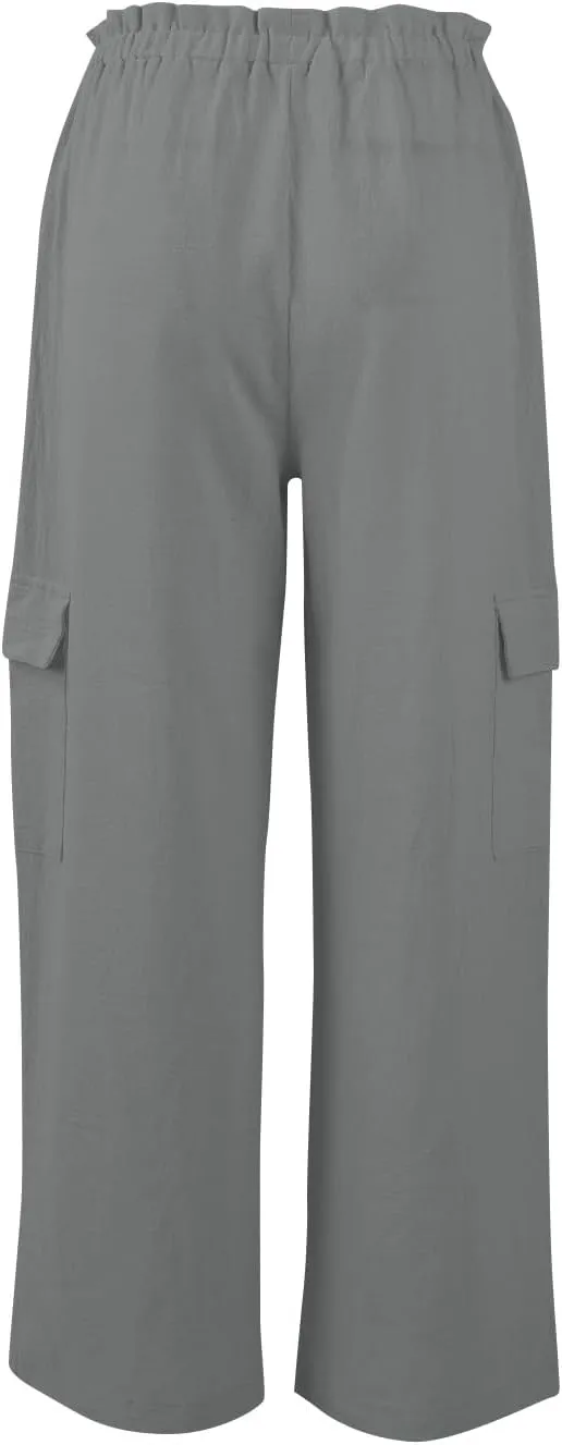 Cotton Linen Pants Women Elastic High Waisted Drawstring Cargo Pants Baggy Wide Leg Pant Casual Beach Pant