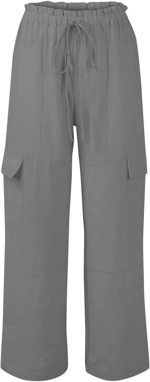 Cotton Linen Pants Women Elastic High Waisted Drawstring Cargo Pants Baggy Wide Leg Pant Casual Beach Pant