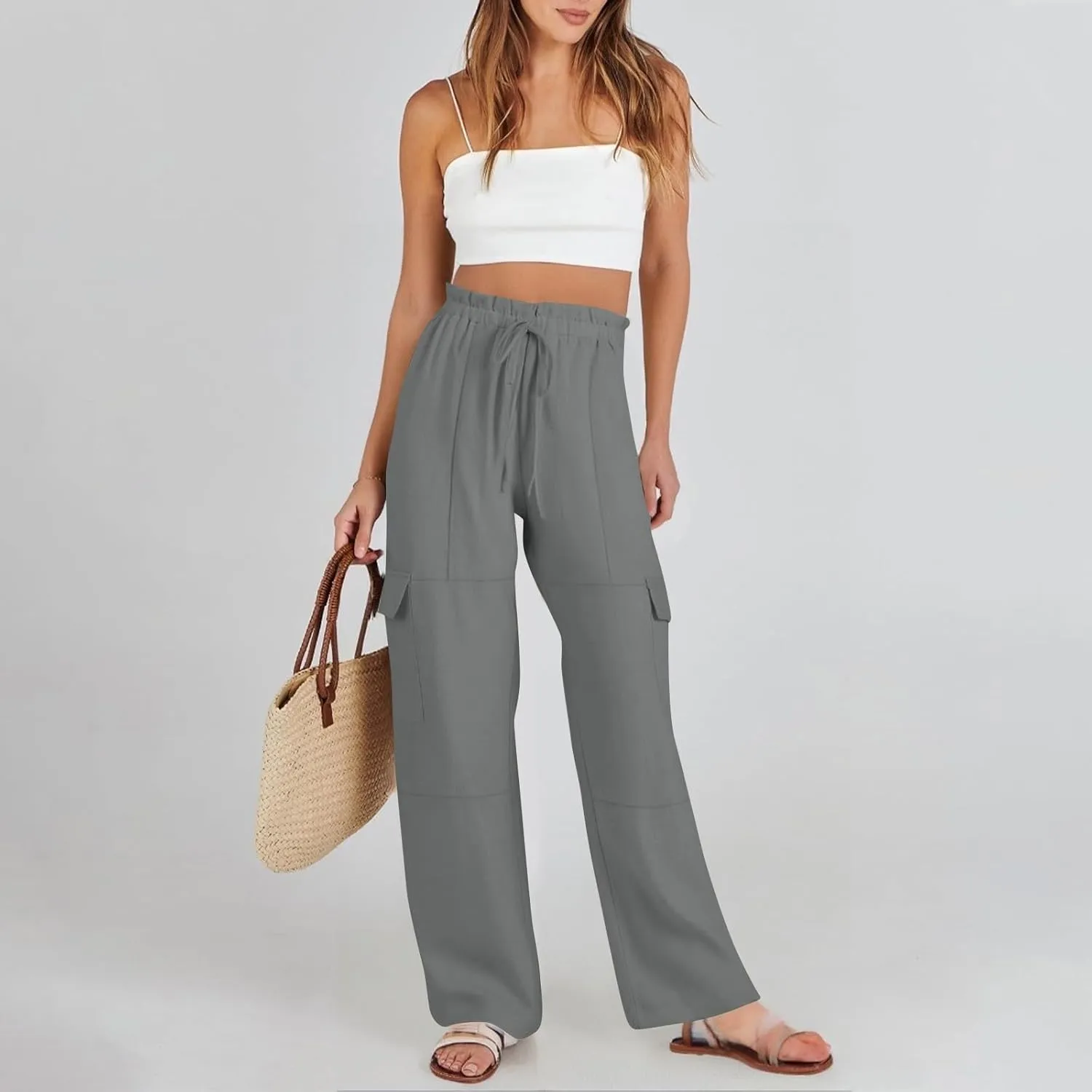 Cotton Linen Pants Women Elastic High Waisted Drawstring Cargo Pants Baggy Wide Leg Pant Casual Beach Pant