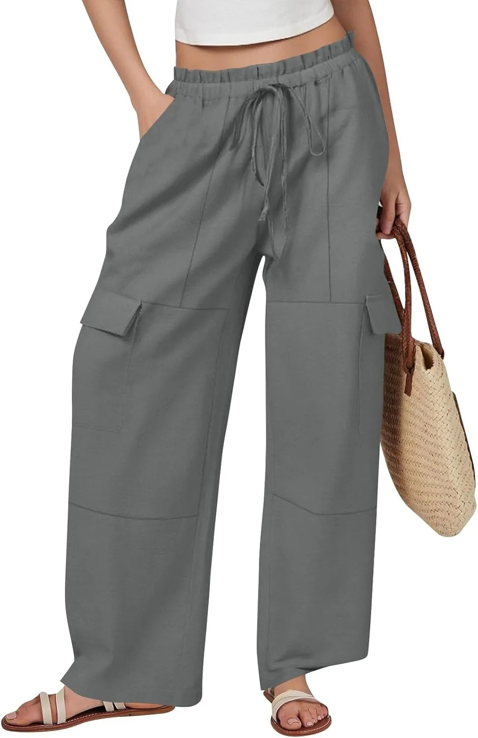 Cotton Linen Pants Women Elastic High Waisted Drawstring Cargo Pants Baggy Wide Leg Pant Casual Beach Pant