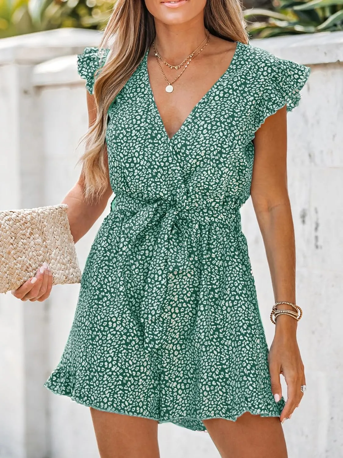 CUPSHE Women's V Neck Floral Print Belted Elastic Waist Romper Ruffled Cap Sleeves Mini Jumpsuit