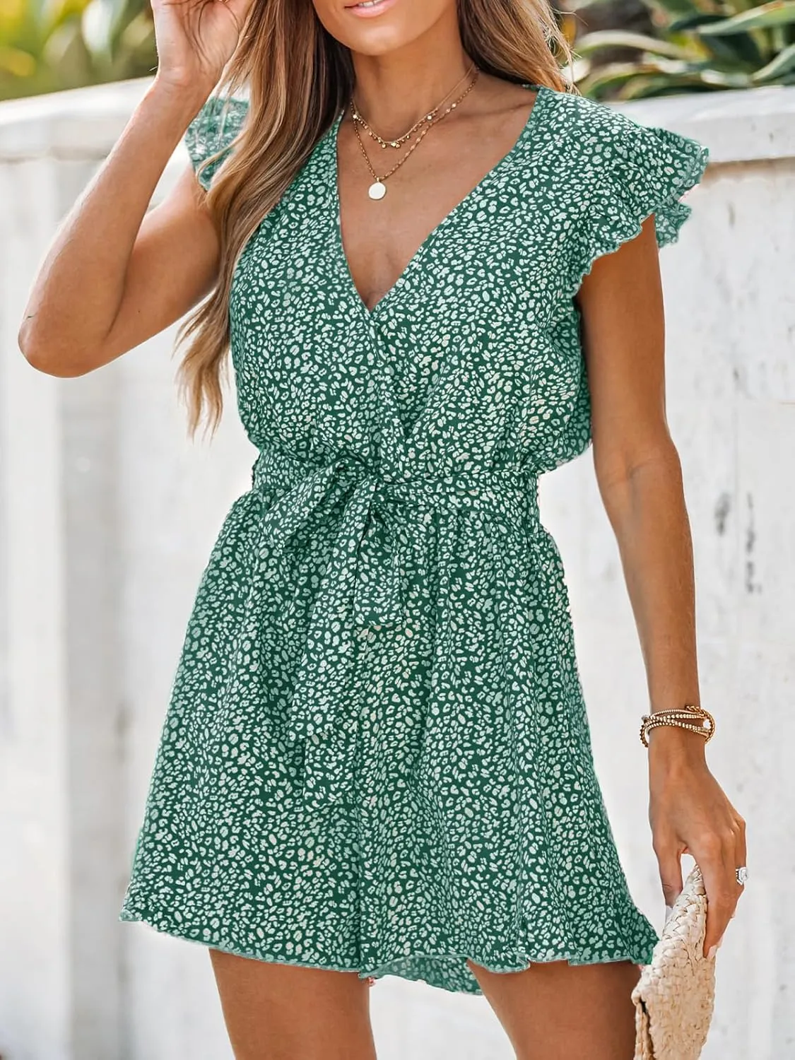 CUPSHE Women's V Neck Floral Print Belted Elastic Waist Romper Ruffled Cap Sleeves Mini Jumpsuit