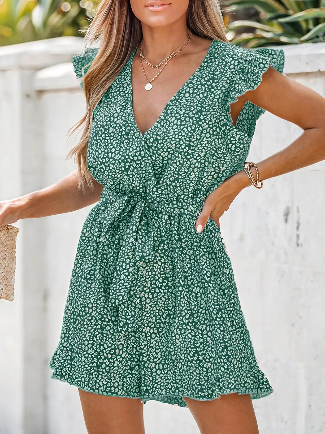 CUPSHE Women's V Neck Floral Print Belted Elastic Waist Romper Ruffled Cap Sleeves Mini Jumpsuit