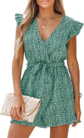 CUPSHE Women's V Neck Floral Print Belted Elastic Waist Romper Ruffled Cap Sleeves Mini Jumpsuit