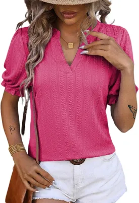 Dokotoo Womens Summer Short Puff Sleeves Blouses Shirts V Neck Cute Solid Knit Textured Casual Regular Fit Tops