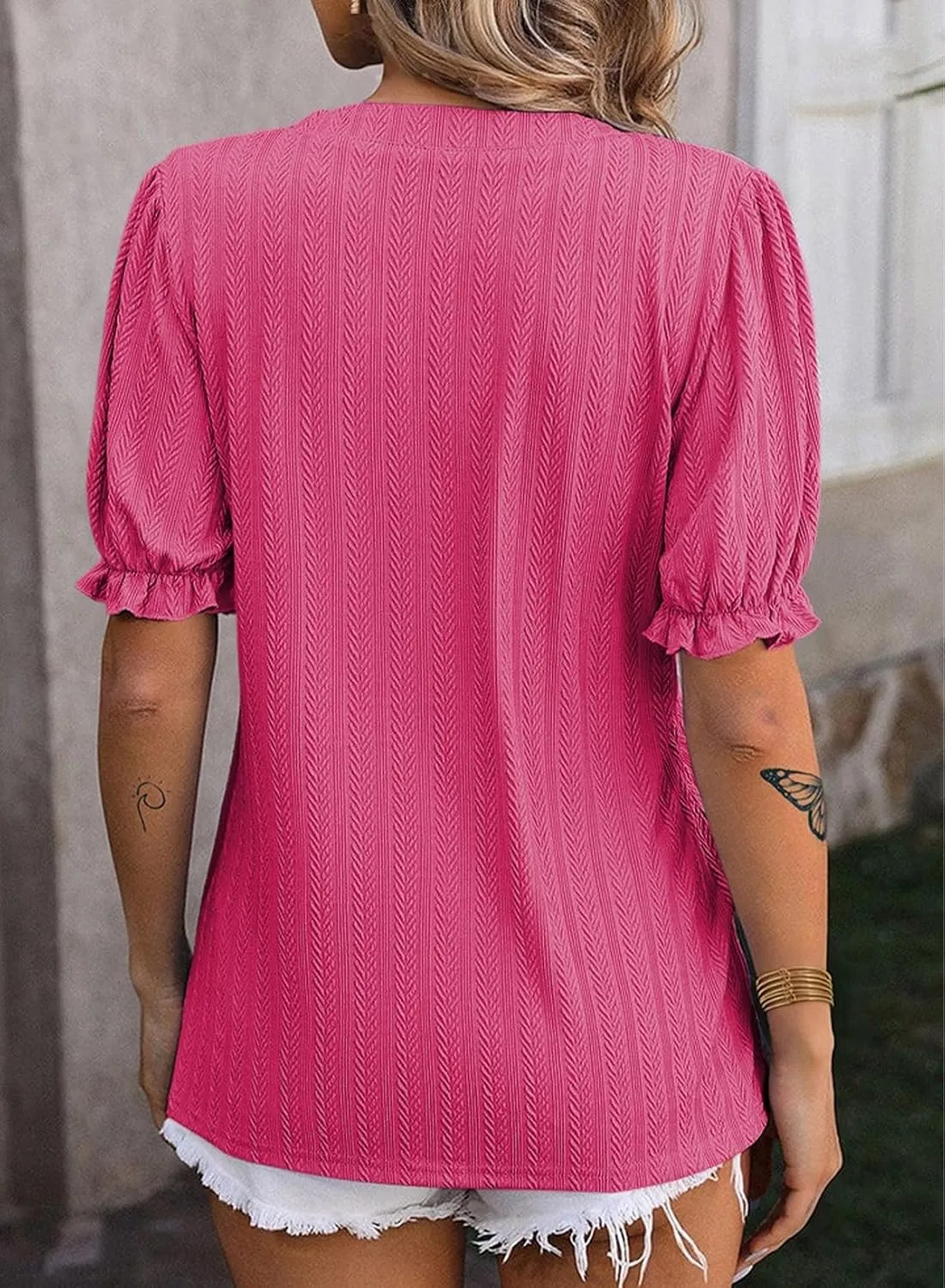 Dokotoo Womens Summer Short Puff Sleeves Blouses Shirts V Neck Cute Solid Knit Textured Casual Regular Fit Tops