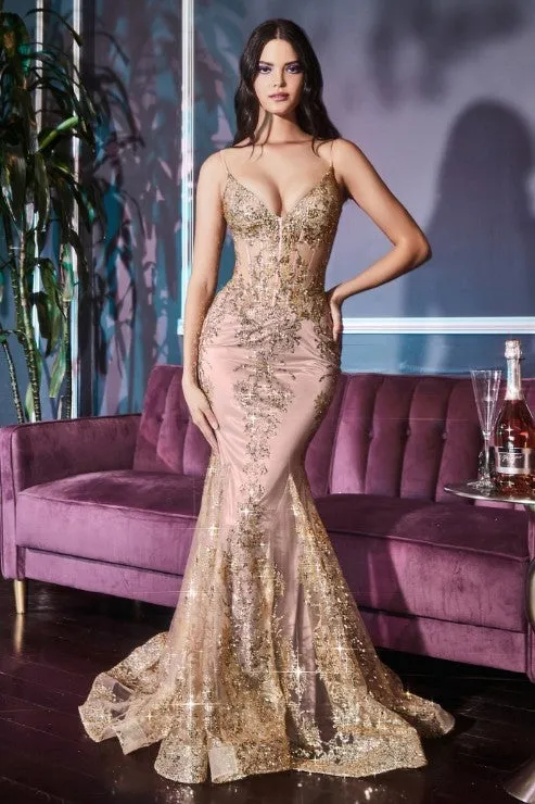 Embroidered Fantasy Royal Blue Sequined Sleeveless Mermaid Gown