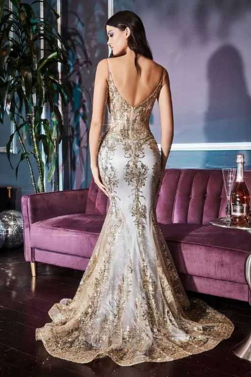 Embroidered Fantasy Royal Blue Sequined Sleeveless Mermaid Gown