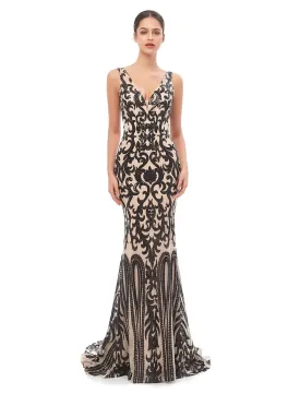 Evening Gown Celebrity Style Dress Prom Sleeveless V Neck Tulle with Sequin