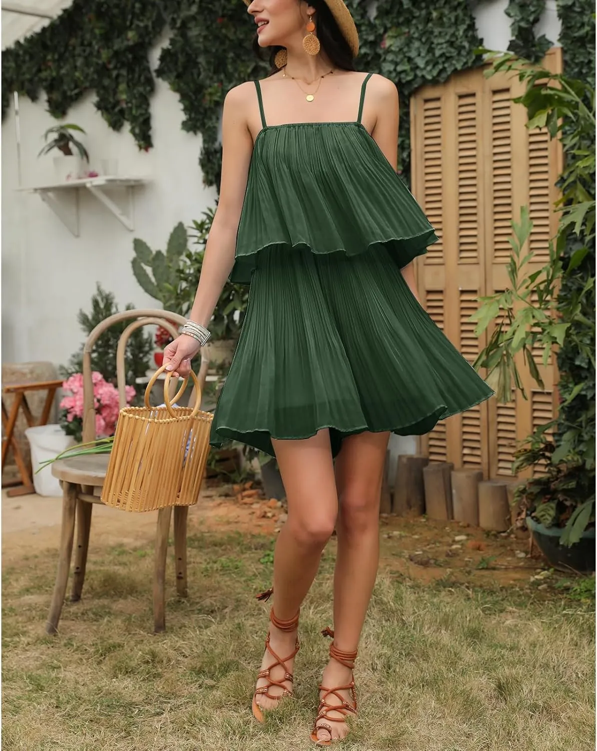 EXLURA Womens 2025 Summer Romper Dress Spaghetti Strap Pleated Beach Vacation Outfit Fashion Cruise Short Jumpsuit Outfits