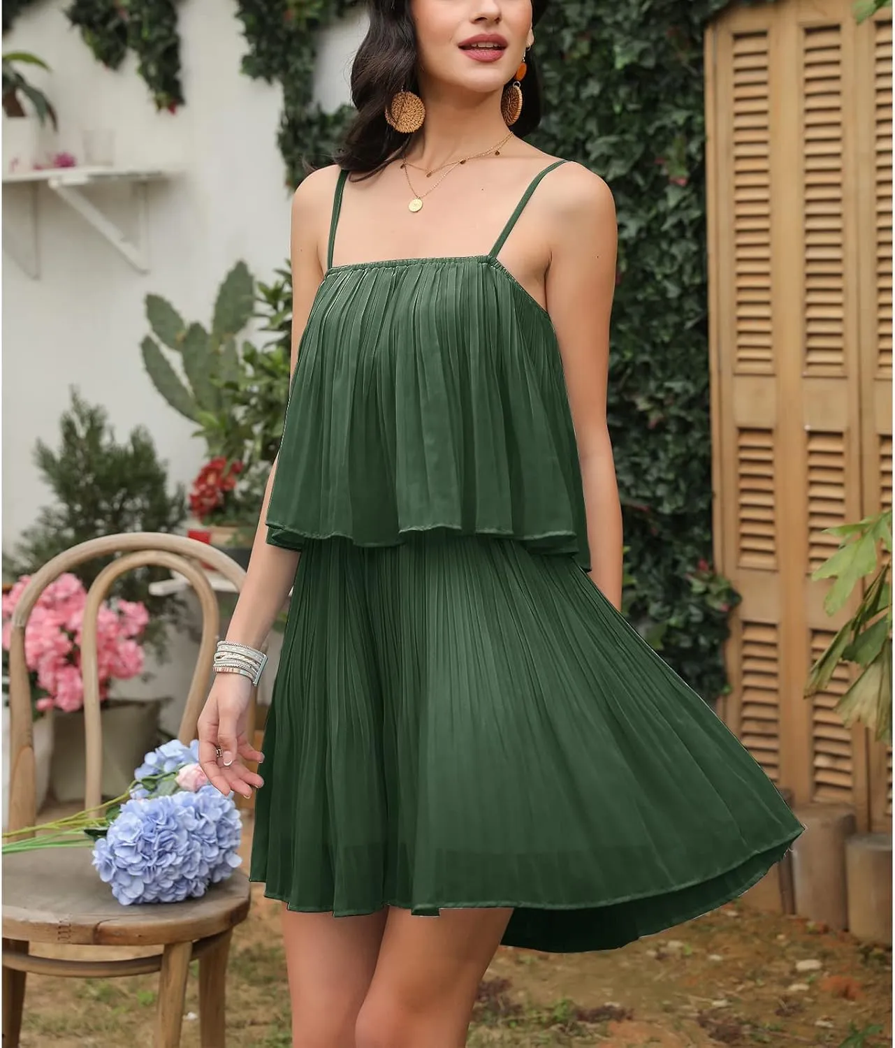EXLURA Womens 2025 Summer Romper Dress Spaghetti Strap Pleated Beach Vacation Outfit Fashion Cruise Short Jumpsuit Outfits