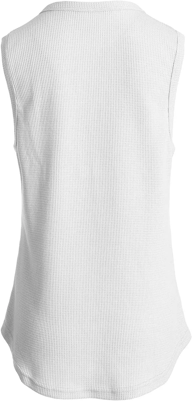Famulily Women's Flowy Waffle Knit Tank Tops Loose Button Up V Neck Henley Shirts